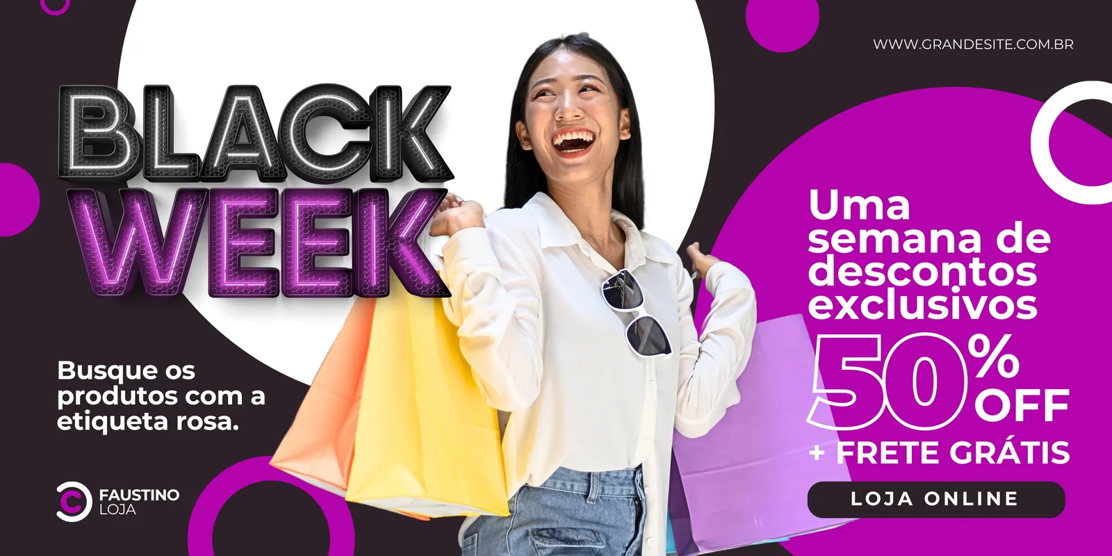 Banner horizontal roxo e preto para Black Week, com a frase 'Uma semana de descontos exclusivos 50% OFF + Frete Grátis'. Uma mulher sorridente carrega sacolas de compras, promovendo ofertas imperdíveis.