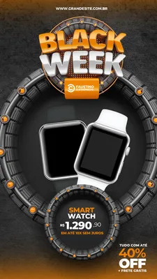 Template de Story para Instagram no formato 9:16, com fundo escuro e detalhes em laranja. Destaca um smartwatch com preço promocional e oferece 40% de desconto e frete grátis. Perfeito para divulgar promoções de Black Week.