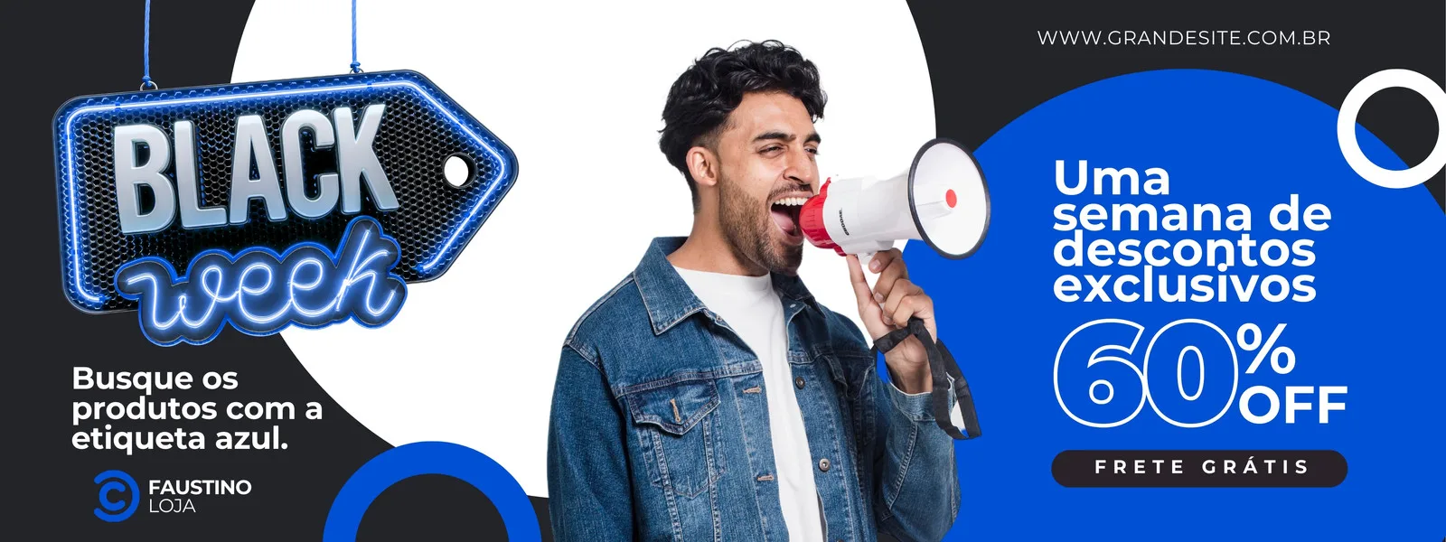 Banner horizontal para Black Week com fundo azul escuro e branco. Um homem com jaqueta jeans segura um megafone anunciando 'Uma semana de descontos exclusivos 60% OFF' e 'Frete Grátis'. O logo 'Black Week' em neon azul se destaca.