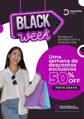 Mulher sorridente com sacolas de compras, segurando um cartaz neon com a escrita 'Black Week' e 'Ofertas Exclusivas'. O design apresenta cores vibrantes como lilás e branco, com destaque para 50% OFF e frete grátis, ideal para promoções de moda.
