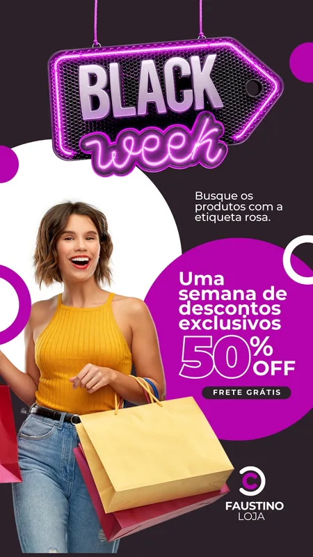 Mulher sorridente com sacolas de compras, anunciando "Black Week" com neon roxo e branco. O template destaca "Uma semana de descontos exclusivos 50% OFF" e "Frete Grátis", ideal para promoções de lojas.