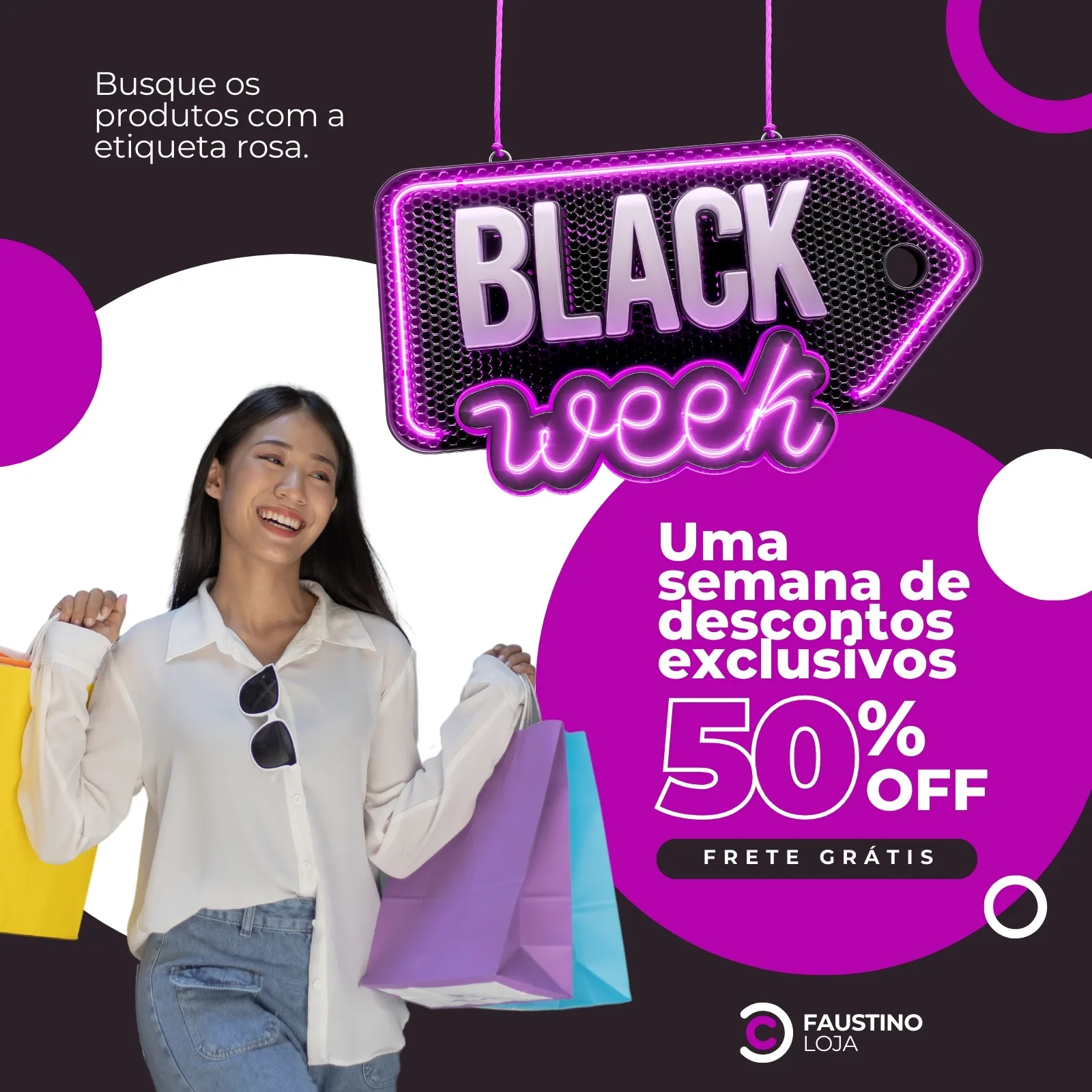 Template de post para redes sociais com tema Black Week, em tons de lilás e branco. Uma mulher sorridente carrega sacolas de compras. Um letreiro neon em formato de etiqueta anuncia 'BLACK WEEK' com descontos de 50% OFF e frete grátis. Ideal para promoções de lojas.