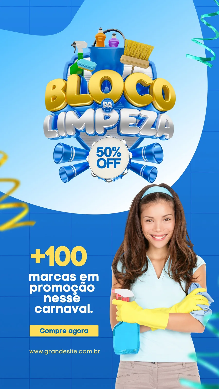 Story de Instagram com a frase 'Bloco da Limpeza' em destaque, anunciando 50% OFF em produtos de limpeza. Uma mulher sorridente com luvas amarelas segura um spray de limpeza, promovendo mais de 100 marcas em oferta para o Carnaval.