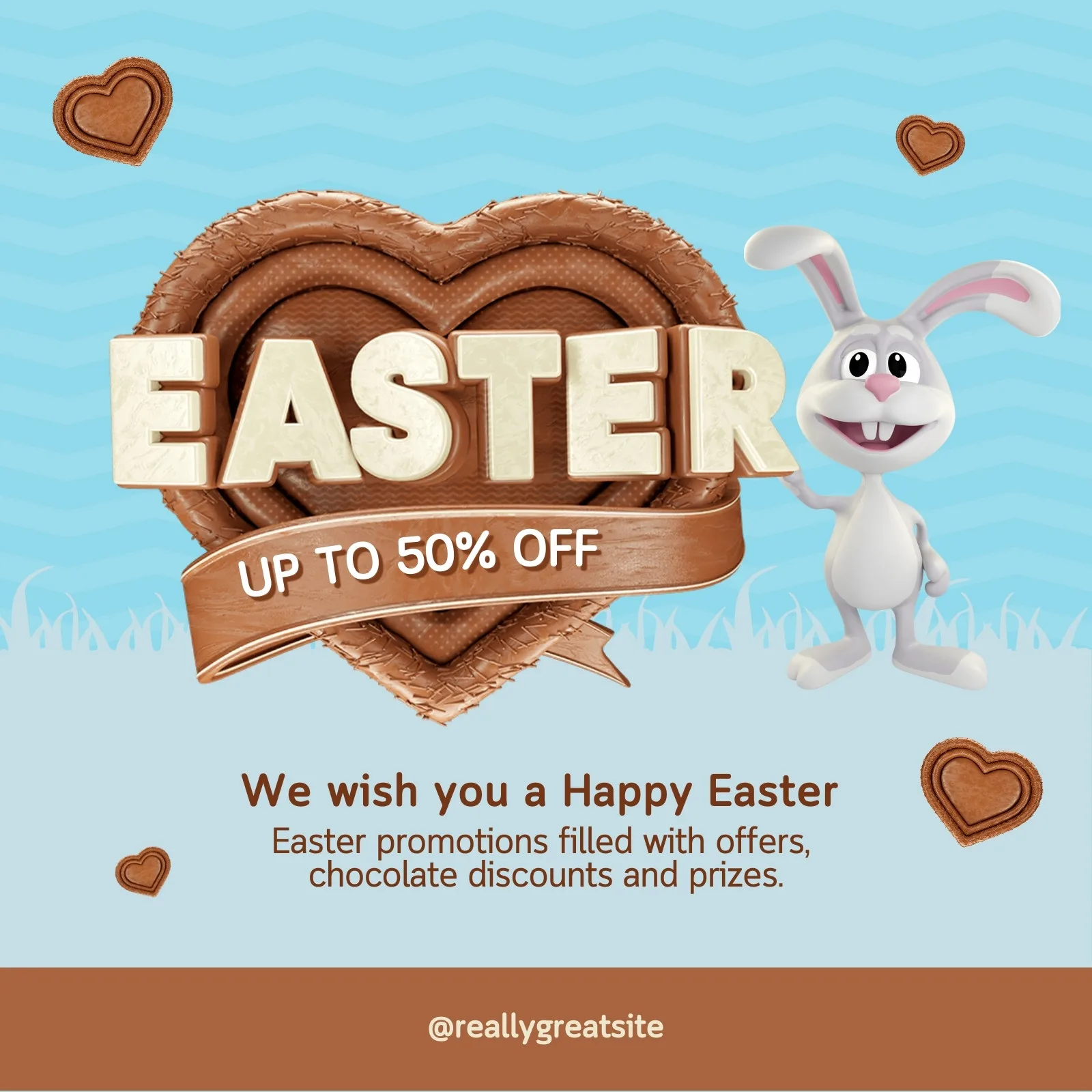 Template de post para redes sociais com tema de Páscoa. Um coelho branco sorridente ao lado de um grande coração de chocolate com a palavra EASTER em relevo. Abaixo, a frase "UP TO 50% OFF" em uma fita de chocolate. O fundo é azul claro com detalhes de grama e corações de biscoito.