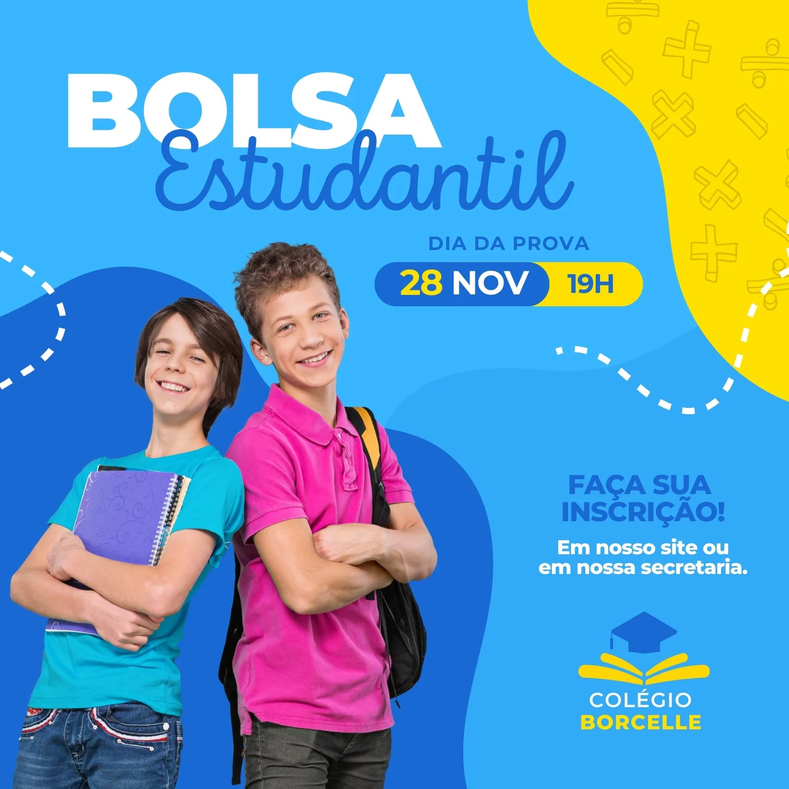 Template de post para Instagram com fundo azul vibrante, destacando a frase "Bolsa Estudantil" e "Dia da Prova". Dois jovens sorrindo aparecem em destaque, segurando cadernos. Detalhes gráficos de matemática e um chapéu de formatura com um livro aberto completam o design.