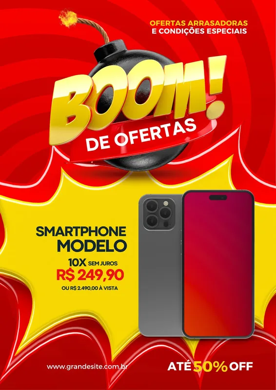 Template de post para redes sociais com fundo vermelho e amarelo vibrantes. Um desenho de bomba com pavio aceso está no topo, com a palavra 'BOOM!' em 3D. Abaixo, um smartphone moderno é exibido com preço promocional e condições de pagamento. Ideal para divulgar saldões e ofertas.