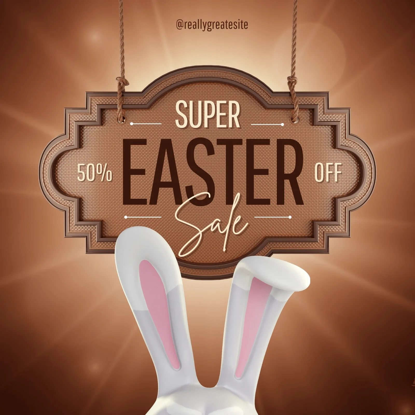 Post para redes sociais com tema de Páscoa em tons de marrom, apresentando orelhas de coelho brancas e uma placa suspensa com a mensagem 'Super Easter Sale 50% OFF'.