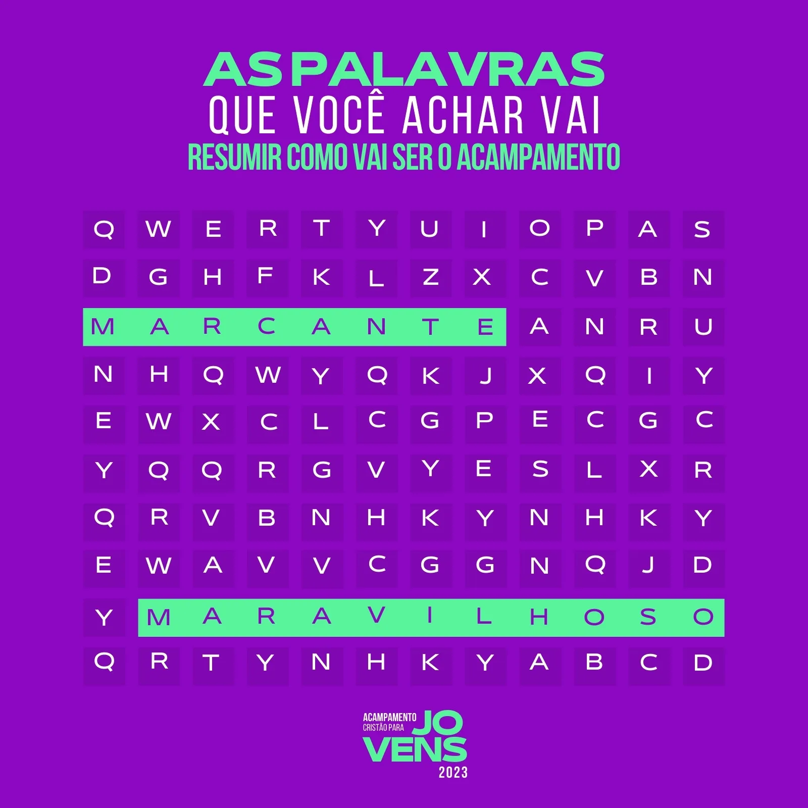 Um post de Instagram com um caça-palavras sobre acampamento cristão. O fundo é roxo com letras verdes e brancas. As palavras encontradas, como 'MARCANTE' e 'MARAVILHOSO', resumem a experiência do acampamento.