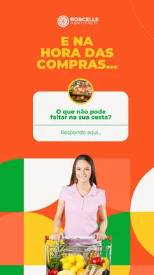 Template de Story para Instagram de hortifruti com fundo laranja e detalhes em verde, amarelo e branco. Um espaço para caixinha de pergunta 'O que não pode faltar na sua cesta?' e uma mulher sorridente empurrando um carrinho de compras cheio de frutas e verduras.