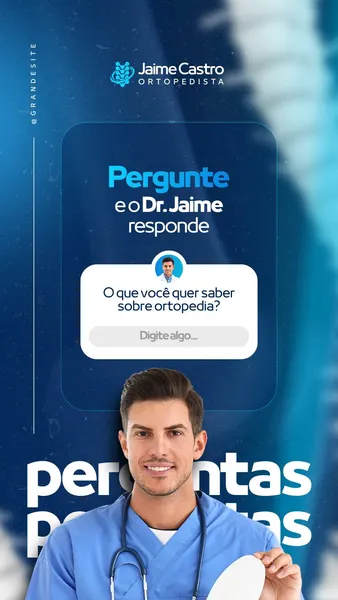 Template de Story para Instagram com fundo azul escuro e branco, apresentando um ortopedista sorridente em uniforme azul. O design inclui um box de perguntas interativo com o título 'Pergunte e o Dr. Jaime responde' e o subtítulo 'O que você quer saber sobre ortopedia?'.
