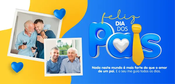 Banner horizontal azul e amarelo para o Dia dos Pais, com fotos de pais e filhos, corações azuis e a frase 'Feliz Dia dos Pais'. O design é moderno e afetuoso, perfeito para homenagear.