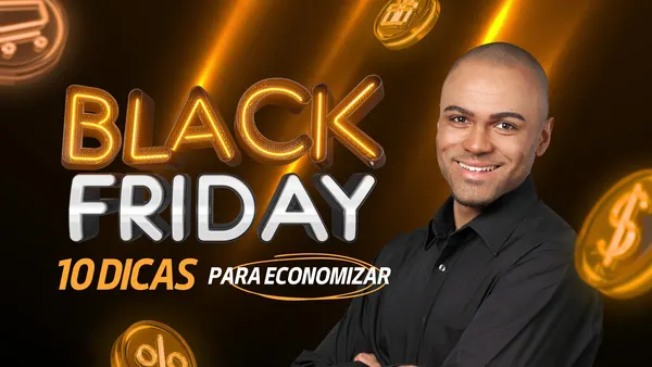 Miniatura de YouTube com tema Black Friday em fundo preto e dourado. Apresenta o texto 'BLACK FRIDAY' em neon laranja e '10 DICAS PARA ECONOMIZAR' em branco e laranja. Um homem sorridente de camisa preta está à direita, e moedas douradas com ícones de compras flutuam ao redor. O design é moderno, chamativo e focado em dicas de economia para a Black Friday.