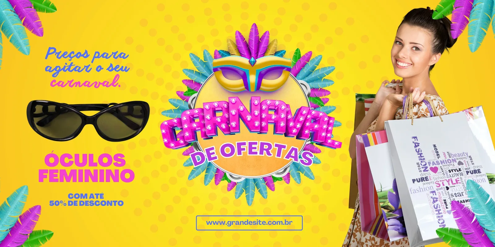 Banner horizontal vibrante com tema de Carnaval para uma ótica. Apresenta óculos femininos em destaque, a frase "Carnaval de Ofertas" em letras chamativas, confetes e uma mulher sorridente com sacolas de compras. Cores vivas como amarelo, rosa e azul predominam.