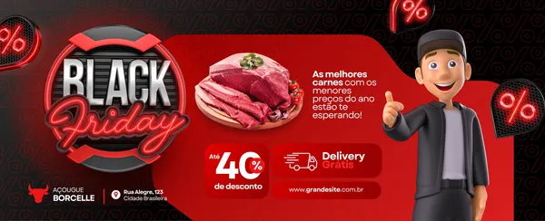 Banner horizontal vermelho e preto para Black Friday de açougue. Destaca um corte de carne nobre, o logo 'Black Friday' com neon, um personagem sorridente dando joinha, e informações de 40% de desconto e entrega grátis.
