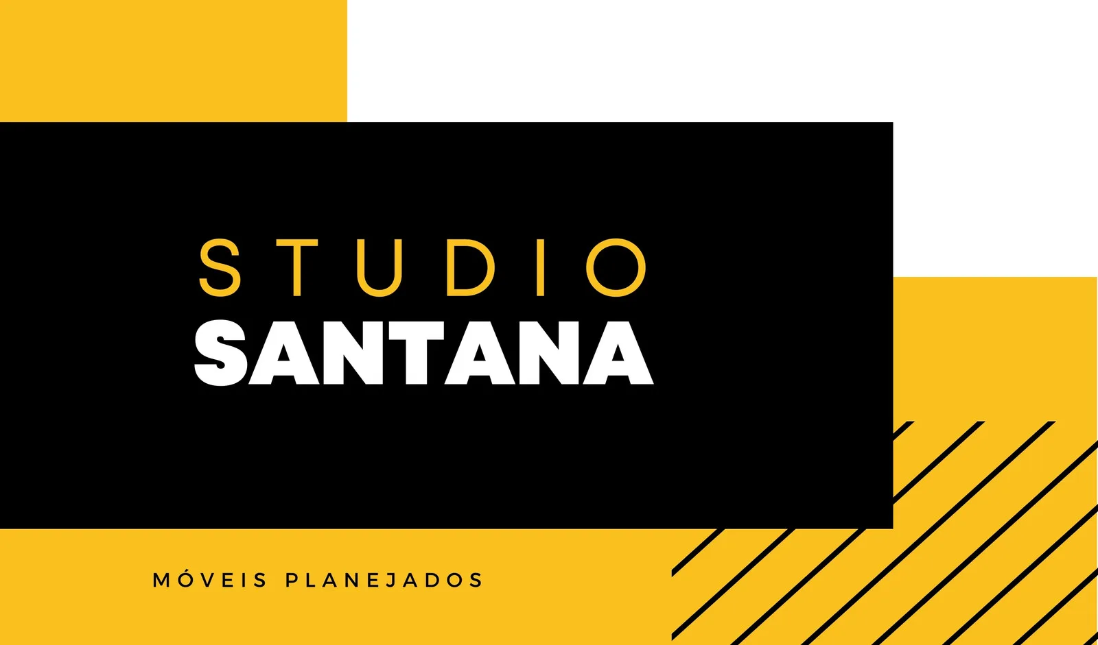 Cartão de visita horizontal com fundo preto, amarelo e branco. O texto principal em amarelo e branco destaca "STUDIO SANTANA" e "MÓVEIS PLANEJADOS", com um design moderno e geométrico.