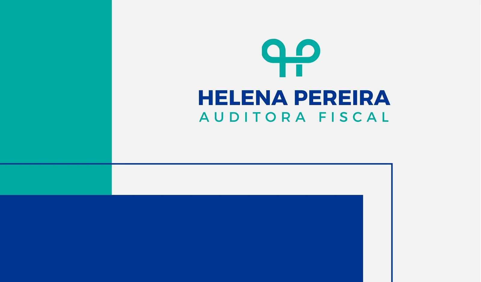 Cartão de visita horizontal com fundo branco, blocos de cor azul marinho e verde-água. Apresenta o nome "Helena Pereira" e o título "Auditora Fiscal" em tipografia moderna e um logo abstrato no topo.