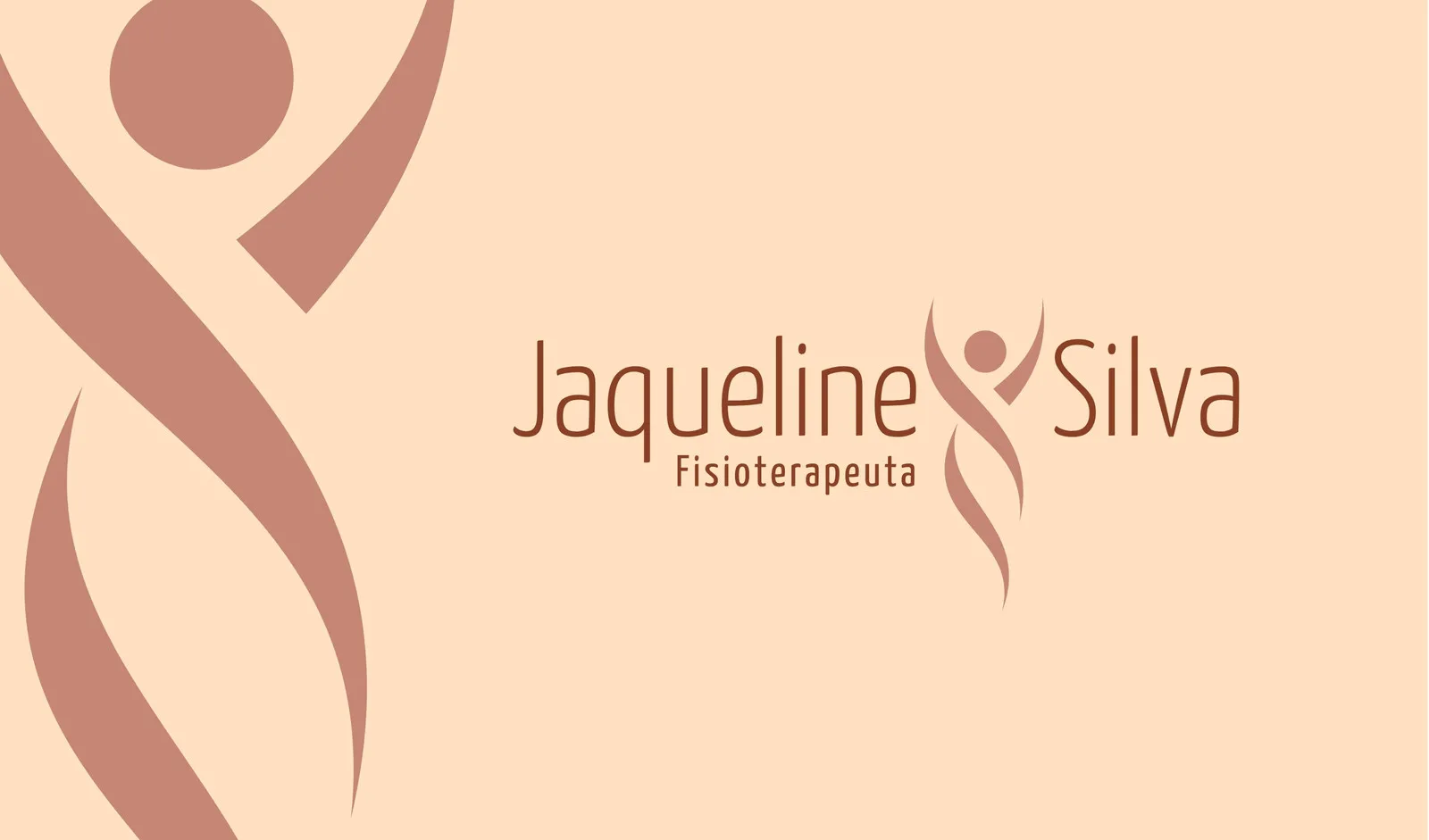 Cartão de visita horizontal com fundo bege claro. Apresenta um design abstrato de uma figura humana estilizada em tons de marrom claro e o nome 'Jaqueline Silva Fisioterapeuta' em destaque.