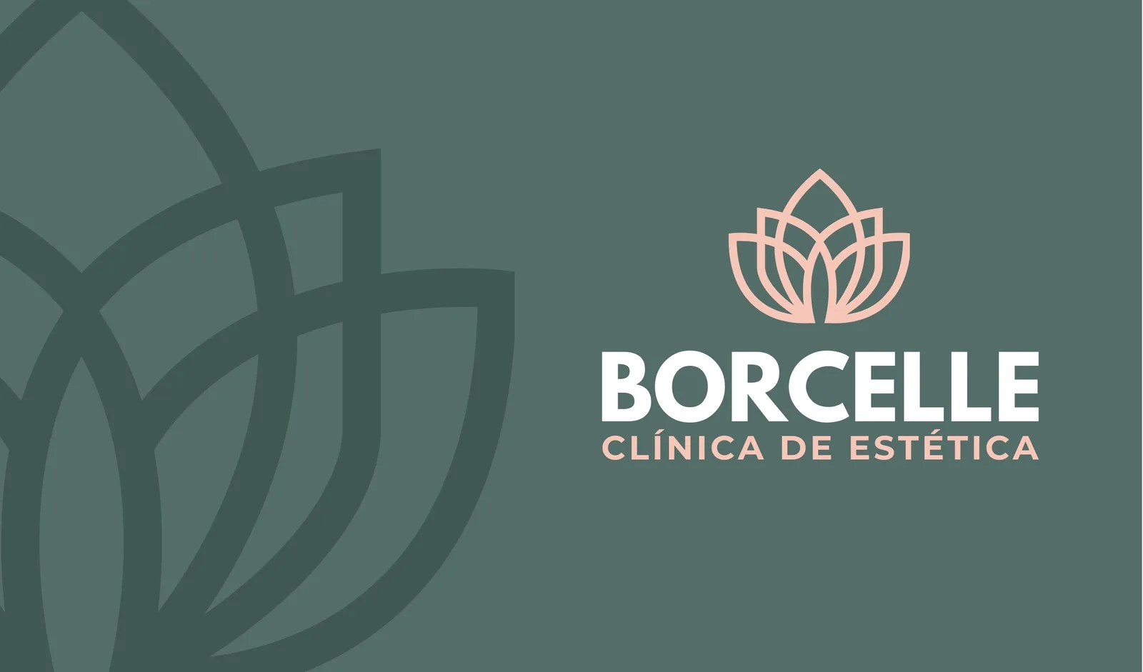 Cartão de visita digital para clínica de estética com fundo verde escuro, logo de flor de lótus rosa claro e nome 'BORCELLE CLÍNICA DE ESTÉTICA' em branco e rosa claro. Design clean e elegante.