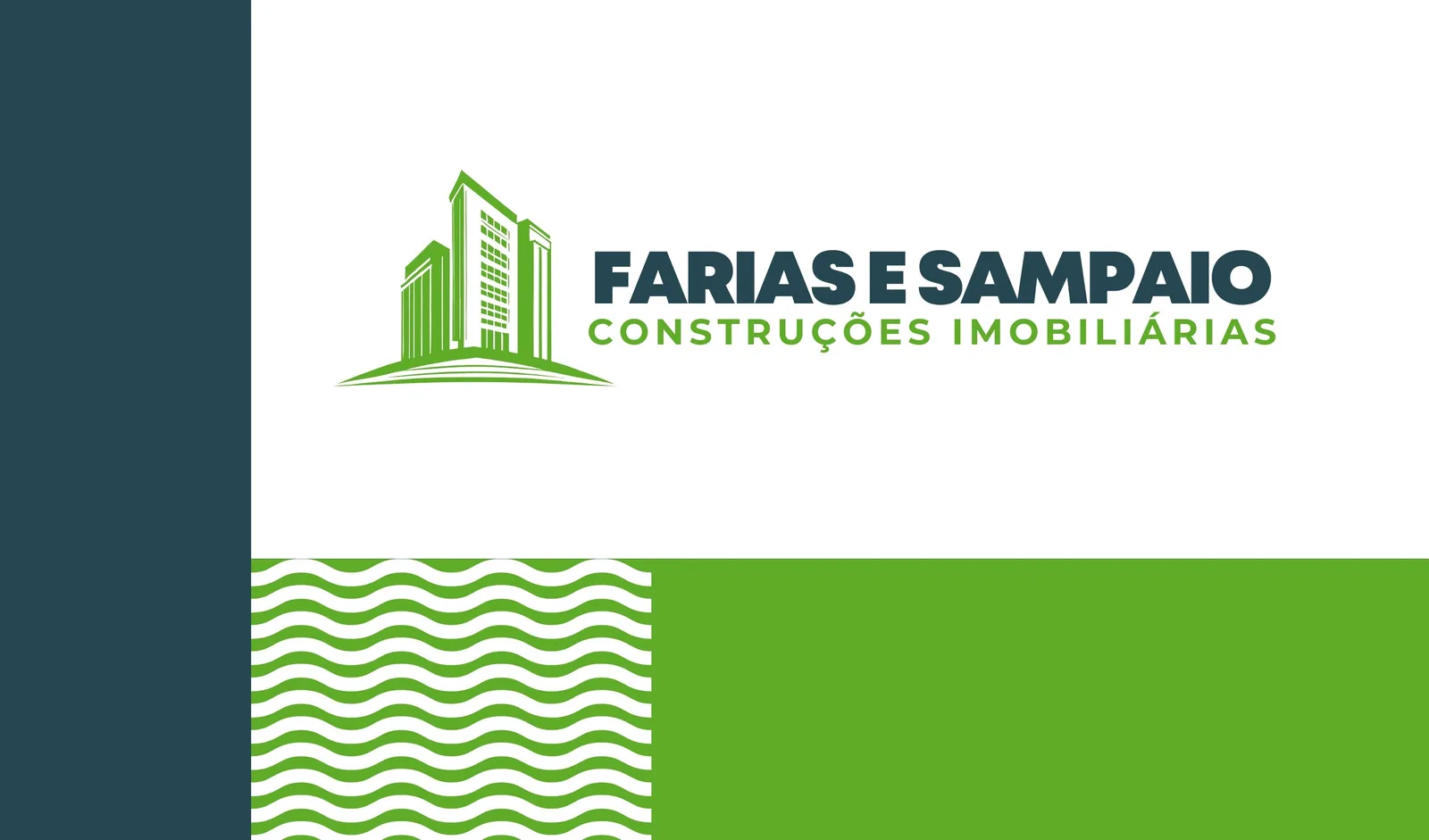 Cartão de visita horizontal com fundo branco e detalhes em verde e azul escuro. Apresenta um logo estilizado de prédios e o nome da empresa 'Farias e Sampaio Construções Imobiliárias'.