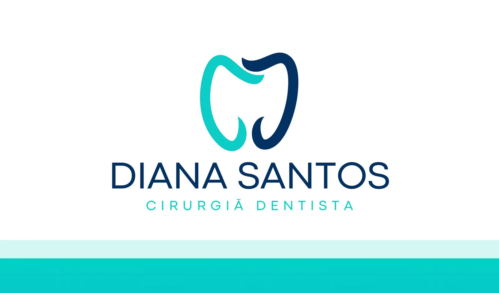Cartão de visita digital com design moderno para consultório odontológico. Apresenta um logo estilizado de dente em tons de azul e verde água, com o nome 'DIANA SANTOS' e a especialidade 'CIRURGIA DENTISTA' em azul marinho. Fundo branco com uma faixa inferior em degradê azul e verde.