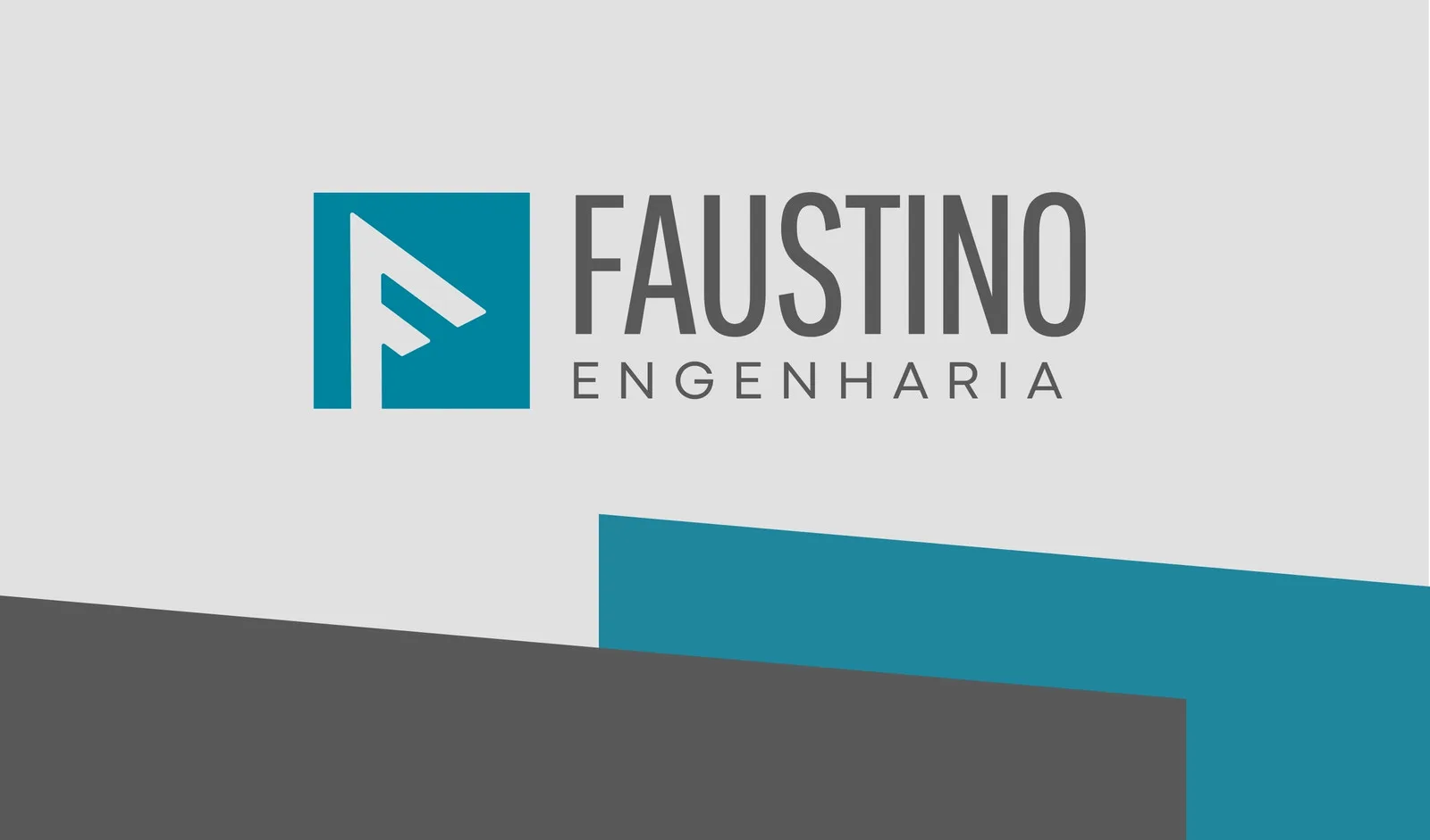 Cartão de visita horizontal com fundo cinza claro, logo em azul teal com a letra 'F' estilizada e o nome 'FAUSTINO ENGENHARIA' em cinza escuro. Elementos geométricos em azul e cinza compõem a parte inferior.