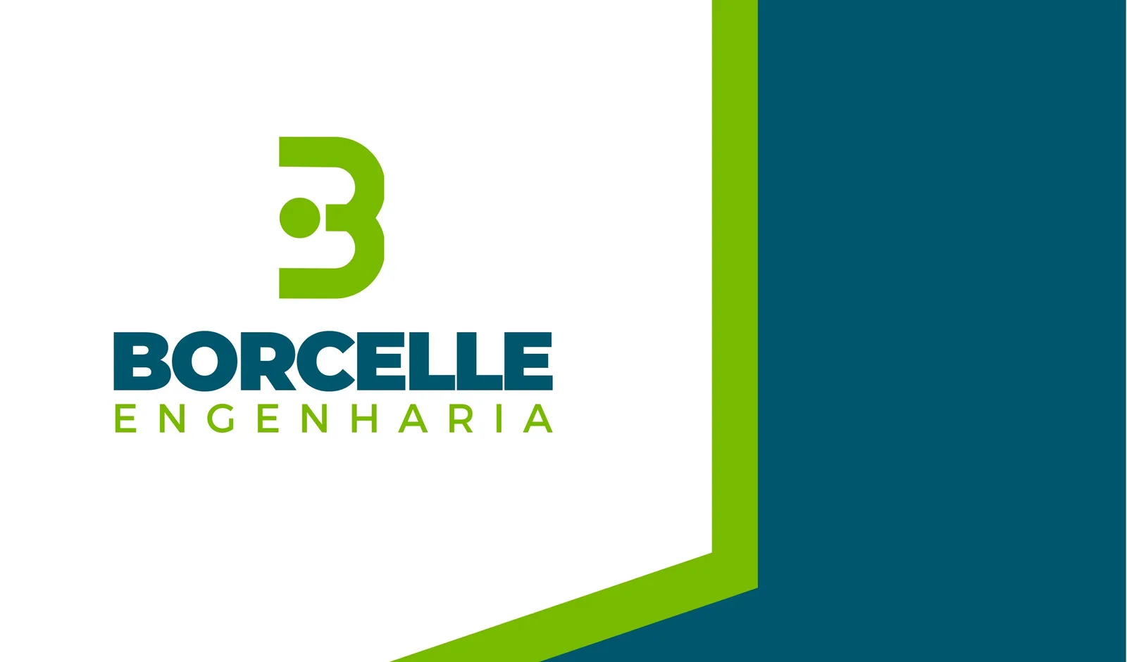 Cartão de visita com design moderno para empresa de engenharia. Fundo branco com logo em verde e azul, e detalhes gráficos nas cores verde e azul escuro. Ideal para divulgação profissional.