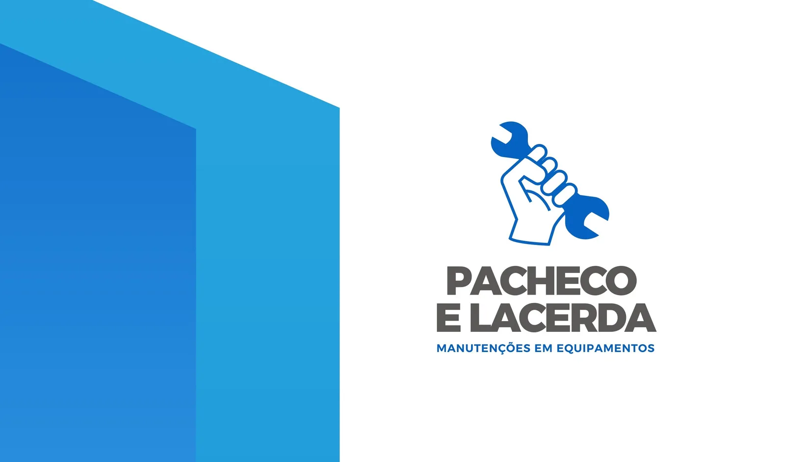 Banner horizontal com design moderno em tons de azul e branco. No lado direito, um ícone estilizado de uma mão segurando uma chave inglesa, seguido pelo nome da empresa 'PACHECO E LACERDA' e o slogan 'MANUTENÇÕES EM EQUIPAMENTOS'.