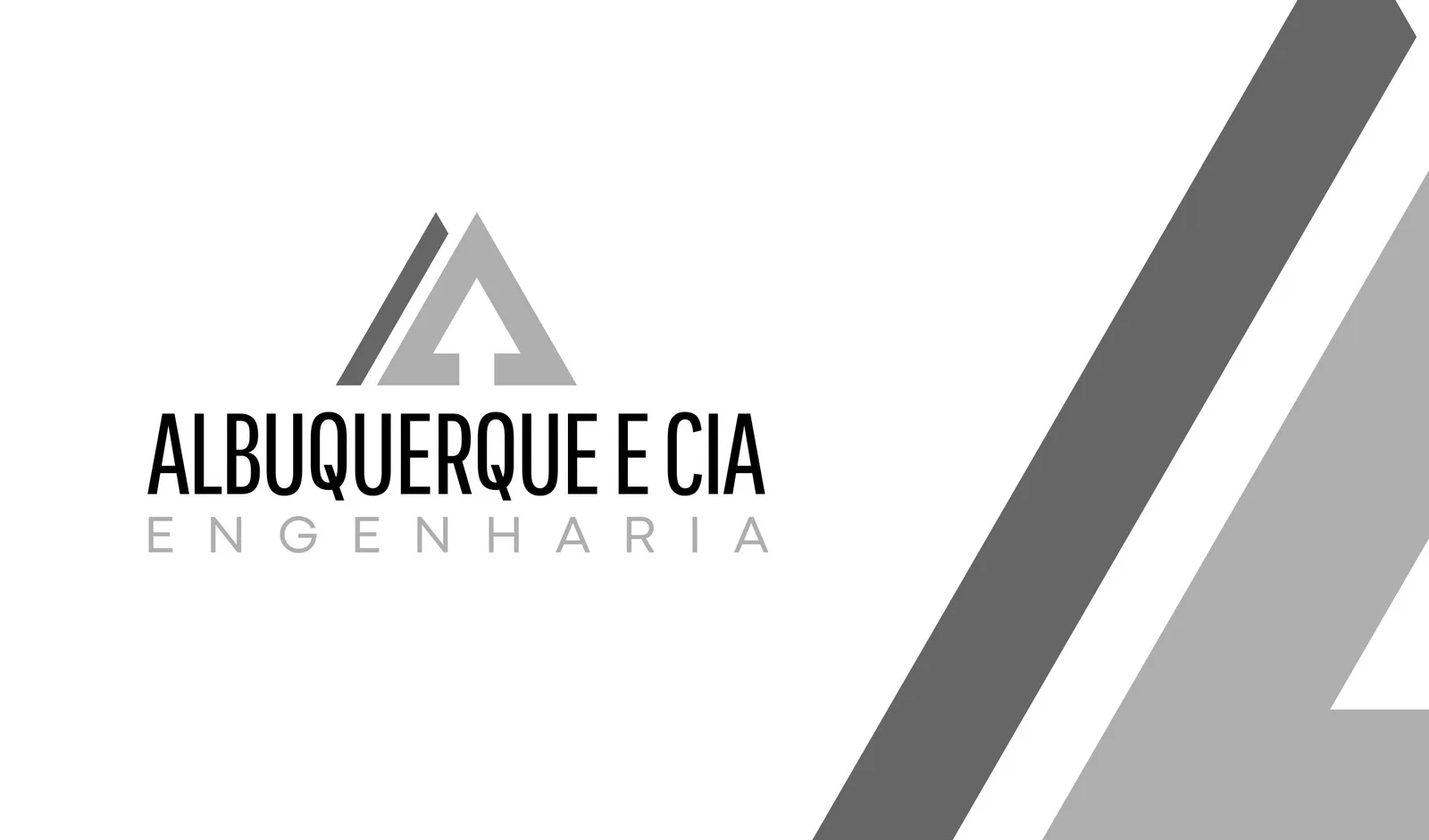 Um cartão de visita digital com design moderno em tons de cinza e branco, apresentando o logo de uma empresa de engenharia civil com o nome 'ALBUQUERQUE E CIA ENGENHARIA' em destaque. O layout é limpo e profissional, com linhas geométricas abstratas no canto direito.