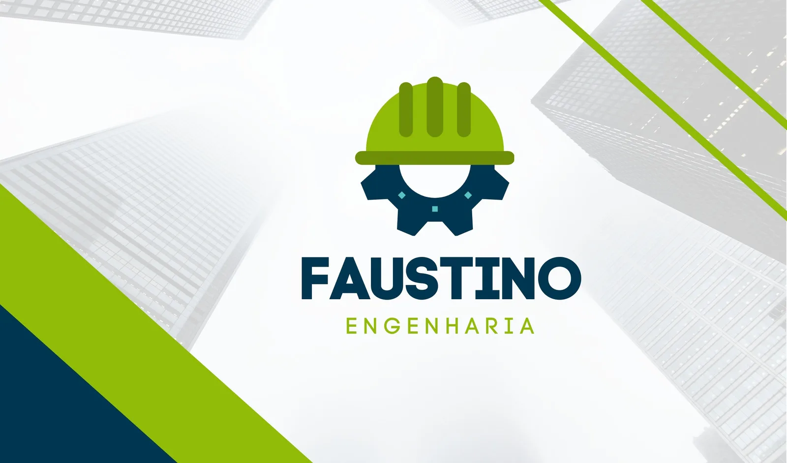 Cartão de visita digital com fundo branco e prédios em perspectiva, apresentando o logo de um capacete verde sobre uma engrenagem azul, seguido pelo nome da empresa 'FAUSTINO ENGENHARIA'. O design inclui faixas diagonais em verde e azul escuro.