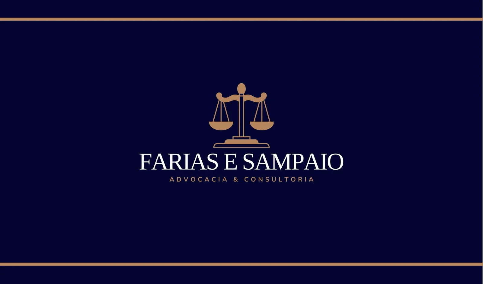 Banner horizontal com fundo azul marinho e detalhes dourados, apresentando o símbolo da justiça (balança) e o nome de um escritório de advocacia e consultoria. O design é elegante e profissional, ideal para divulgação online.