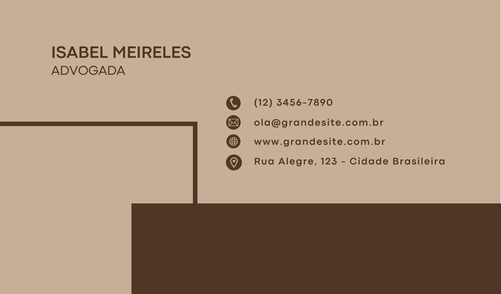 Cartão de visita horizontal em tons de bege e marrom, com nome 'ISABEL MEIRELES ADVOGADA' em destaque. Contém ícones de telefone, e-mail, globo e localização com informações de contato e endereço.