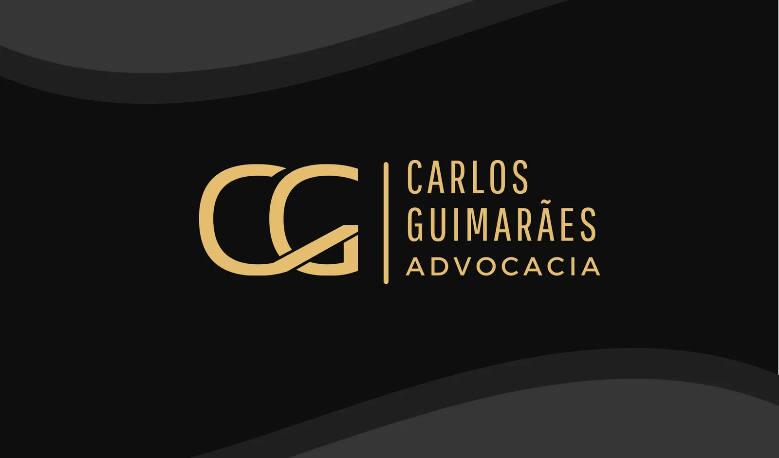 Banner horizontal com fundo preto e detalhes em cinza escuro, apresentando o logo dourado 'CG' e o nome 'CARLOS GUIMARÃES ADVOCACIA' em fonte elegante. Perfeito para cartões de visita digitais ou web.