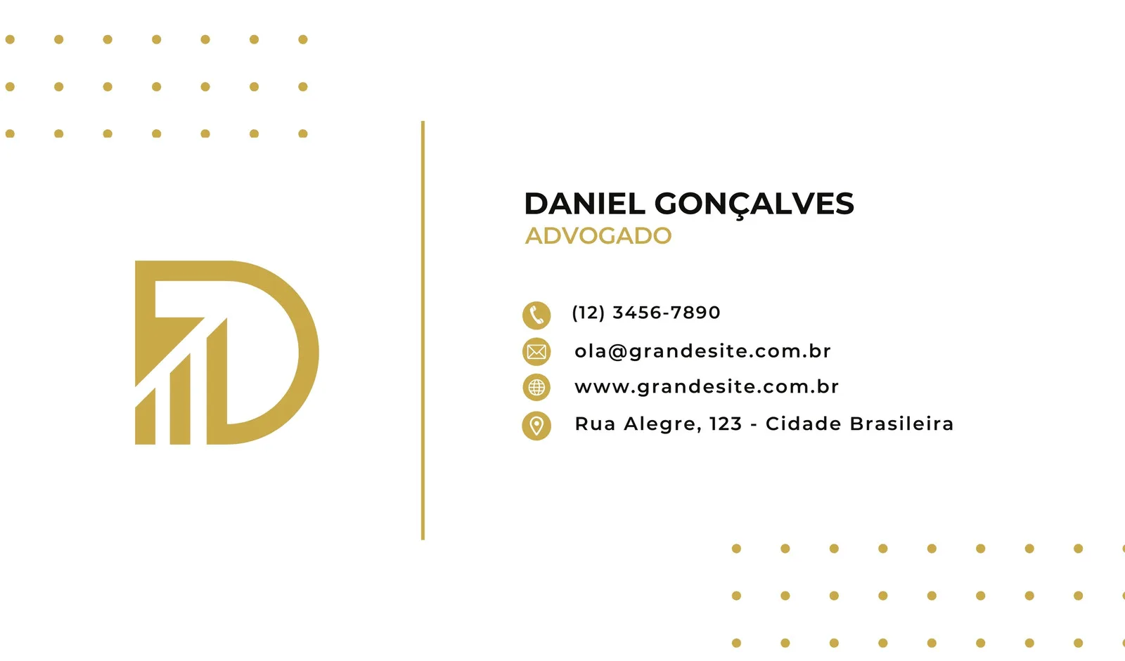 Cartão de visita horizontal com fundo branco, logo dourado em formato de 'D' com gráfico de barras ascendente, nome 'Daniel Gonçalves Advogado' e informações de contato como telefone, e-mail, site e endereço.