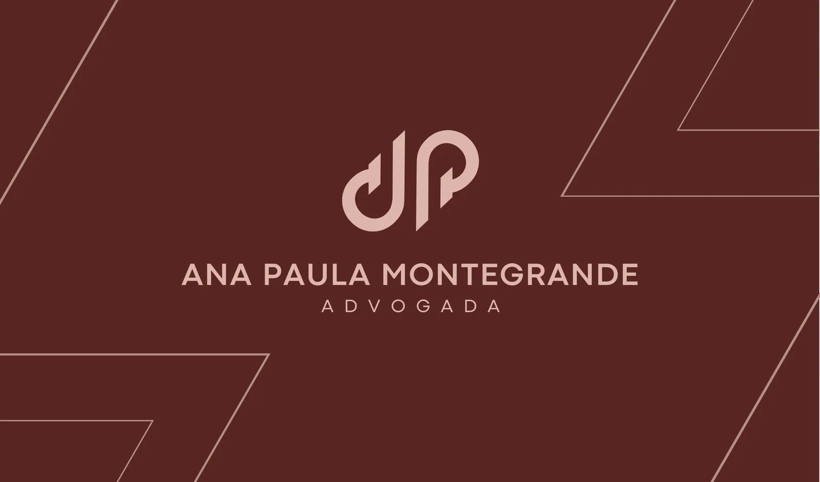 Cartão de visita digital para escritório de advocacia com fundo marrom escuro, logo estilizado em tons claros e nome "ANA PAULA MONTEGRANDE ADVOGADA" em destaque. Design moderno com linhas geométricas sutis.