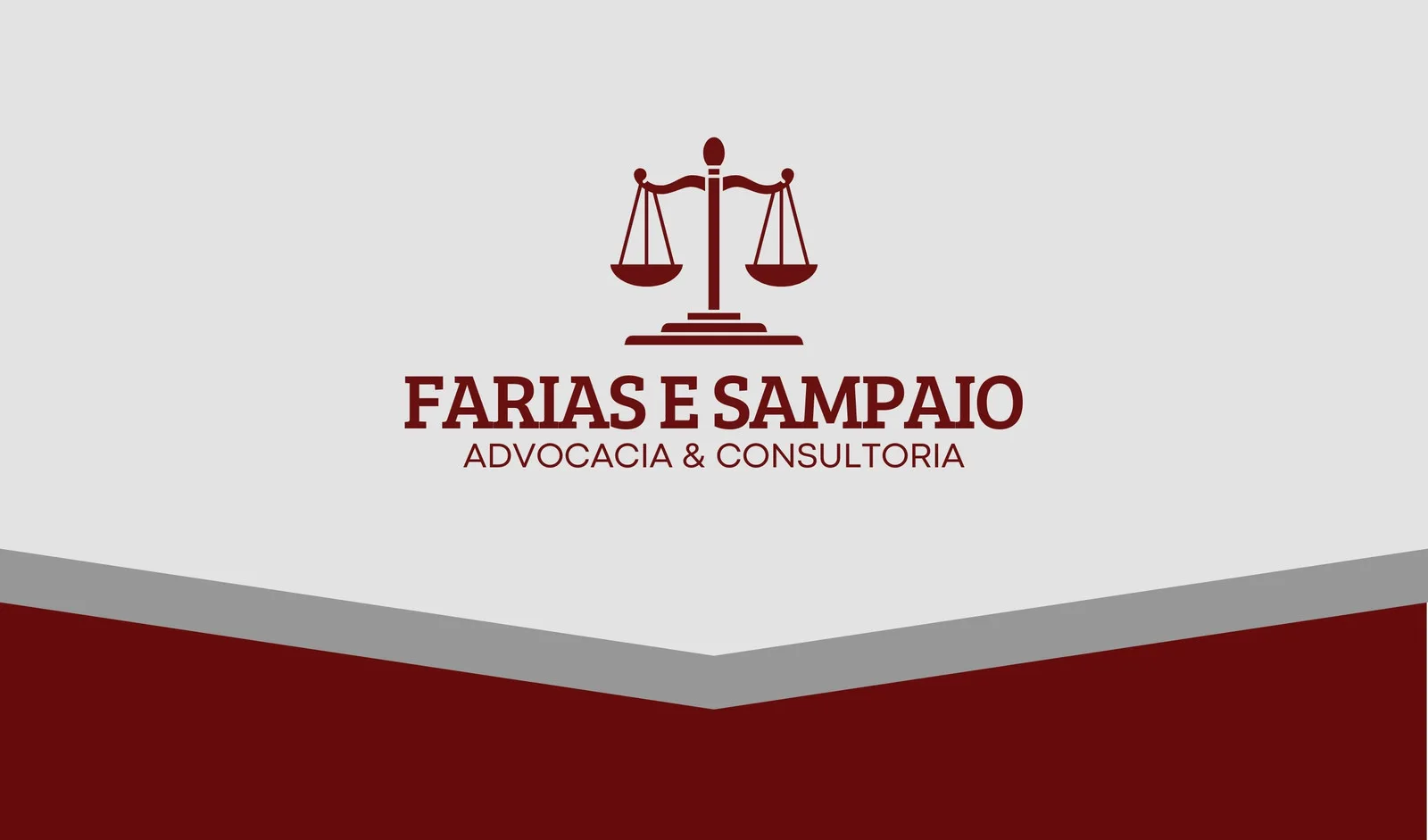 Banner horizontal com fundo cinza claro e detalhes em bordô. No centro, o logo estilizado da balança da justiça e o nome "Farias e Sampaio Advocacia & Consultoria". Design minimalista e profissional, ideal para cartões de visita digitais.