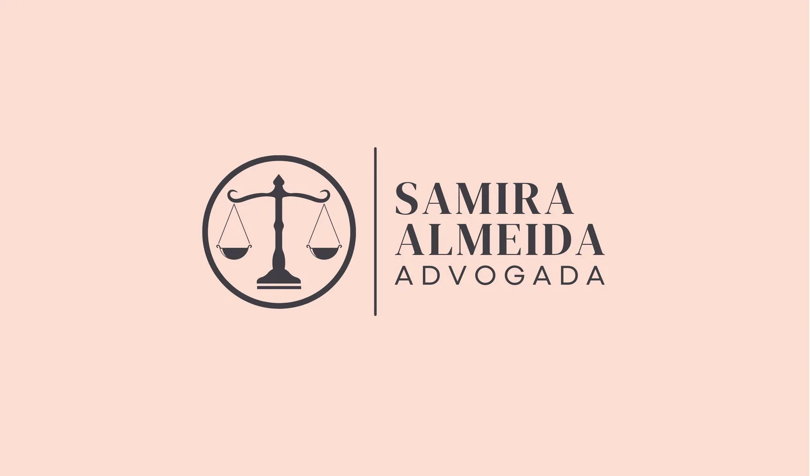 Banner horizontal com fundo rosa claro e elementos em preto. No lado esquerdo, um círculo contém a balança da justiça estilizada. Ao lado, o nome 'SAMIRA ALMEIDA ADVOGADA' em fonte serifada elegante. Ideal para cartões de visita digitais ou web.