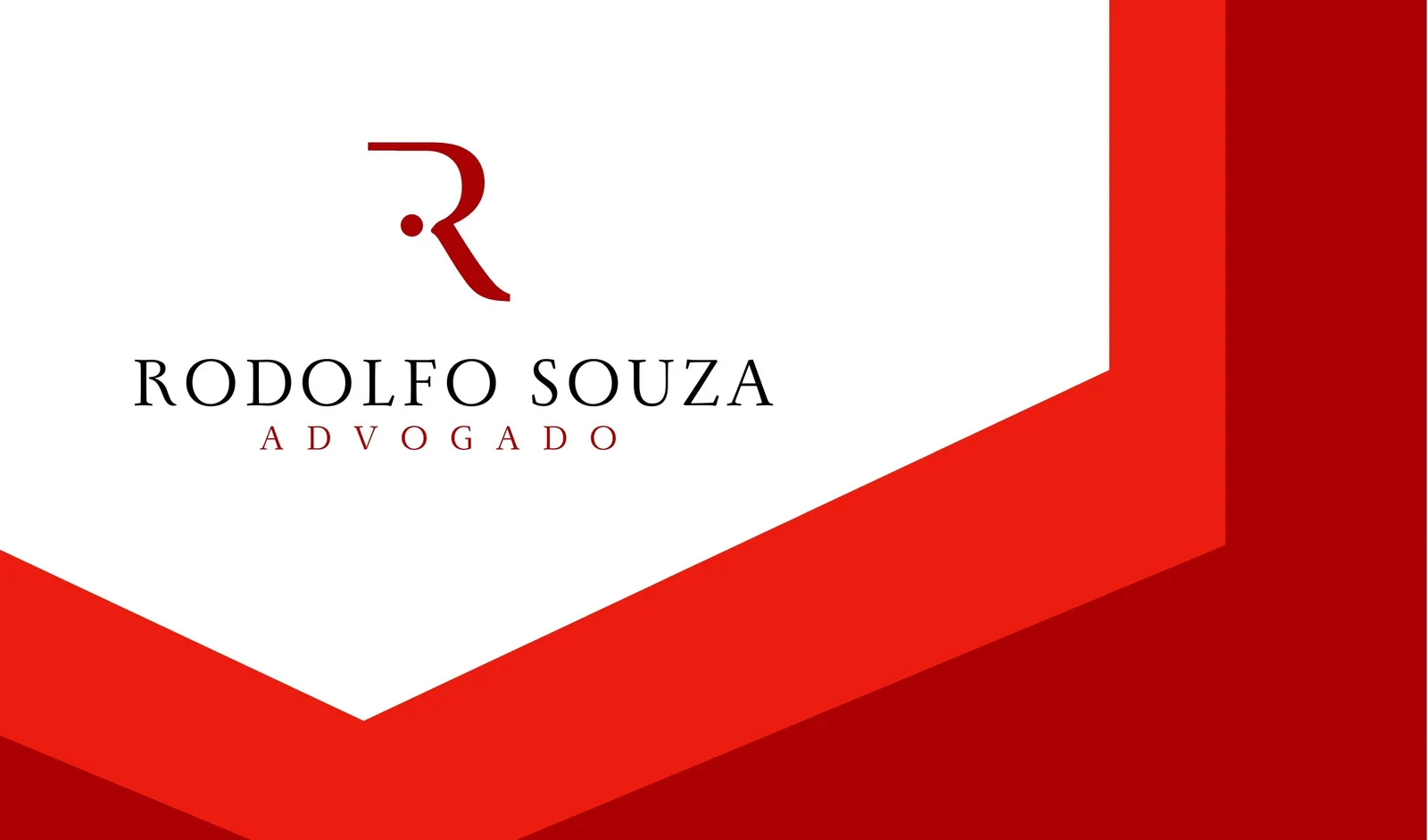 Cartão de visita digital para advogado com design moderno em tons de vermelho e branco. Apresenta um logo estilizado em 'R' e o nome 'Rodolfo Souza Advogado', com formas geométricas sobrepostas.