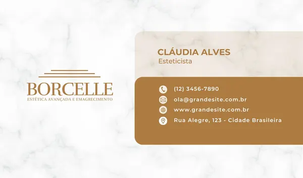 Cartão de visita horizontal com fundo branco marmorizado e detalhes em dourado. Apresenta logo de clínica de estética, nome da profissional (Cláudia Alves, Esteticista) e informações de contato como telefone, e-mail, website e endereço.