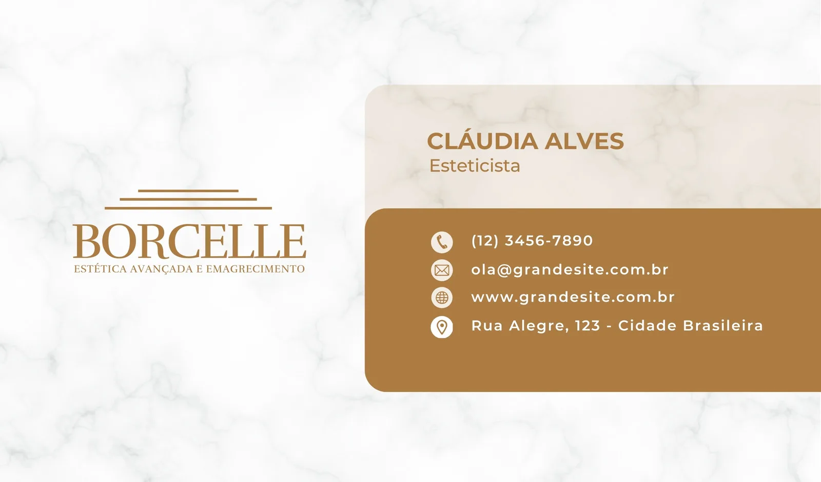 Cartão de visita horizontal com fundo branco marmorizado e detalhes em dourado. Apresenta logo de clínica de estética, nome da profissional (Cláudia Alves, Esteticista) e informações de contato como telefone, e-mail, website e endereço.
