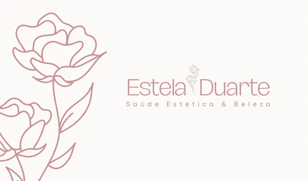 Cartão de visita digital com fundo claro e arte floral em tons de rosa pálido. Destaca o nome 'Estela Duarte' e o slogan 'Saúde Estética & Beleza', perfeito para divulgar serviços de estética e bem-estar.
