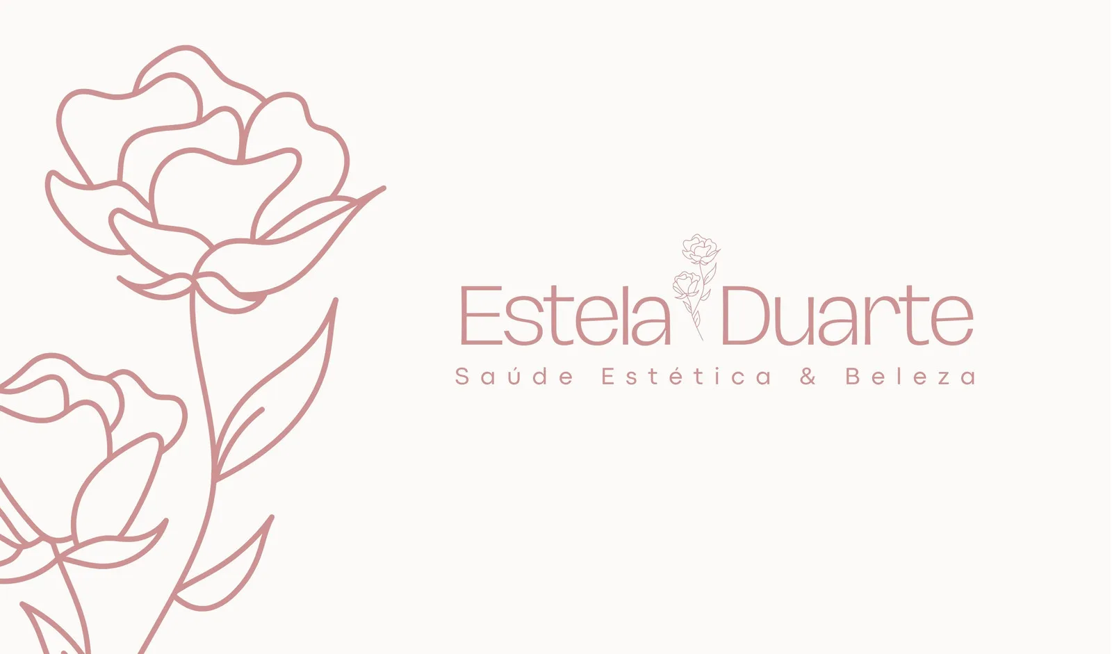 Cartão de visita digital com fundo claro e arte floral em tons de rosa pálido. Destaca o nome 'Estela Duarte' e o slogan 'Saúde Estética & Beleza', perfeito para divulgar serviços de estética e bem-estar.
