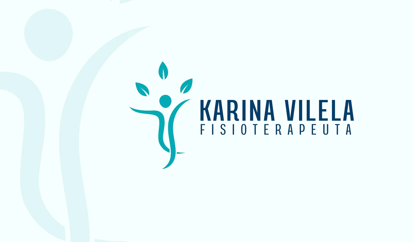 Banner horizontal com fundo branco e detalhes em azul claro. Apresenta um logo estilizado de uma pessoa com folhas no topo, ao lado do nome 'KARINA VILELA' e a profissão 'FISIOTERAPEUTA' em azul marinho. Design clean e profissional.