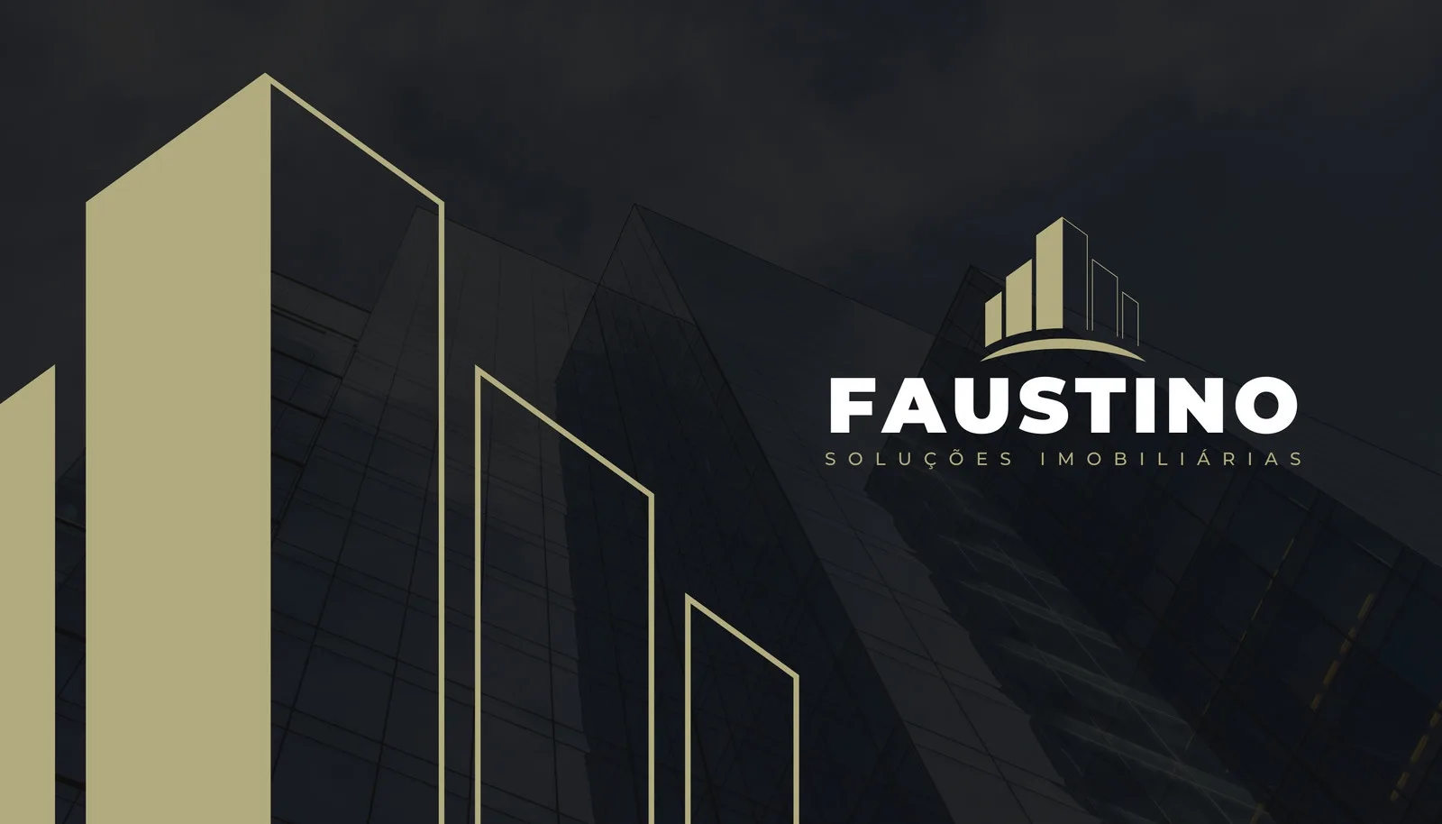Cartão de visita horizontal com fundo escuro e abstrato de prédios. Logotipo branco e dourado com o nome 'FAUSTINO SOLUÇÕES IMOBILIÁRIAS' em destaque. Design moderno e profissional para o setor imobiliário.