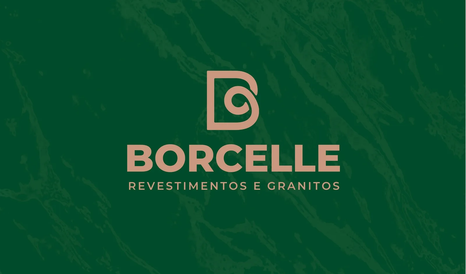 Banner horizontal com fundo verde escuro texturizado, lembrando mármore. Ao centro, um logo em tom bege com as letras 'DB' estilizadas, seguido pelo nome 'BORCELLE' em letras maiúsculas e a frase 'REVESTIMENTOS E GRANITOS' em letras menores.