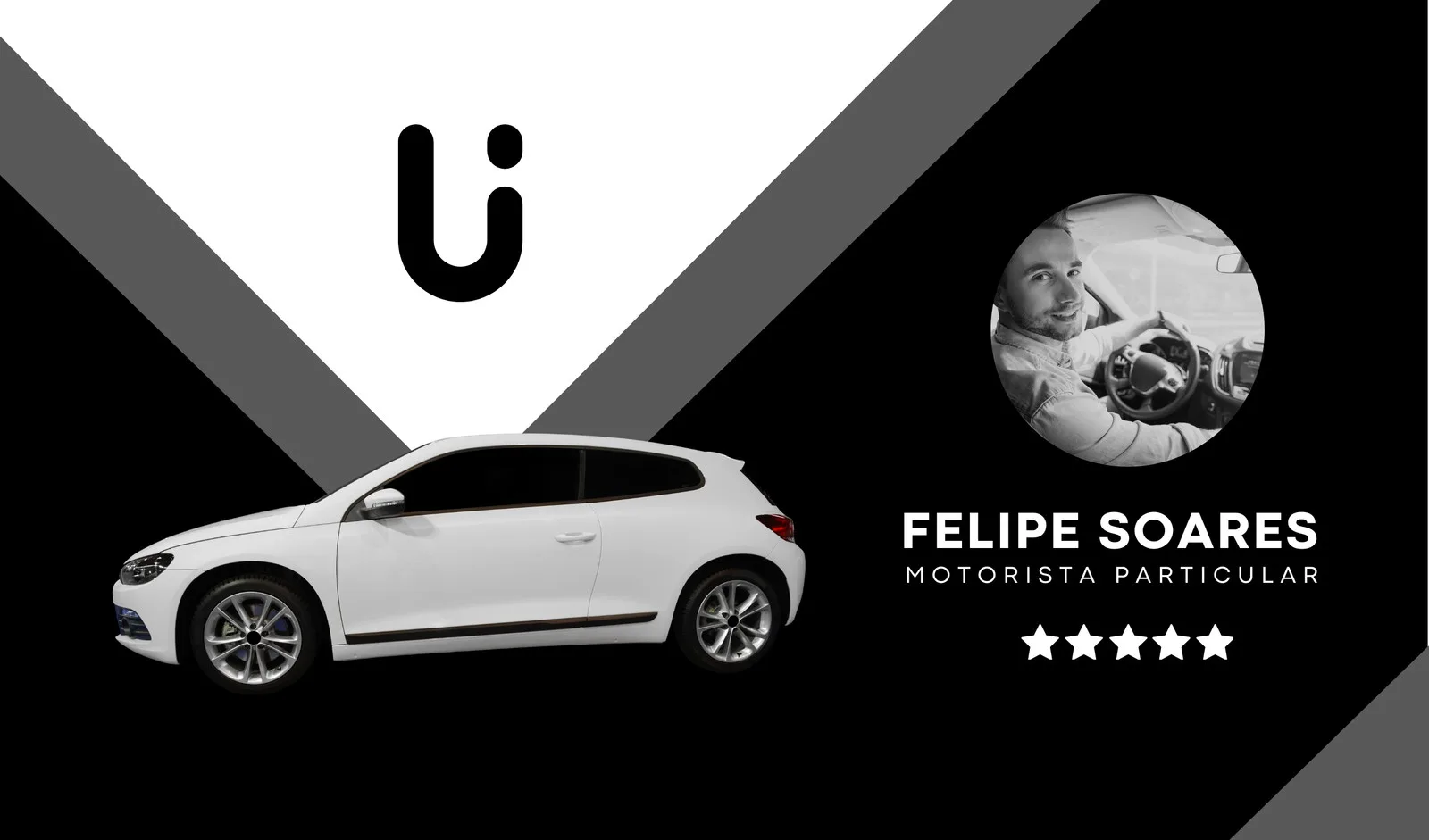 Cartão de visita digital para motorista particular com fundo preto e detalhes em cinza. Inclui a foto do motorista, seu nome, profissão e estrelas de avaliação, além de uma imagem de um carro branco.
