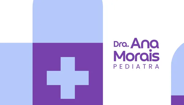 Cartão de visita horizontal para pediatra com fundo branco e blocos geométricos nas cores lilás e roxo. Um dos blocos contém um símbolo de cruz branca estilizada. O nome "Dra. Ana Morais Pediatra" aparece em destaque em roxo.