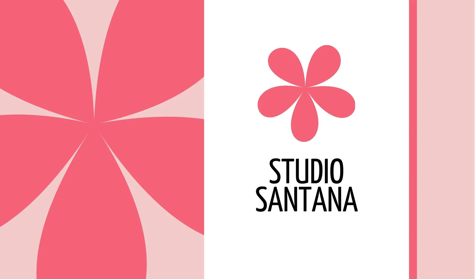 Cartão de visita horizontal para salão de beleza com fundo branco e detalhes em rosa. Apresenta um logo de flor estilizada e o nome 'STUDIO SANTANA' em fonte preta moderna, ideal para divulgar serviços de beleza.