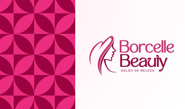 Cartão de visita horizontal com fundo branco e um padrão geométrico rosa vibrante em um lado. Do outro lado, o logo 'Borcelle Beauty Salão de Beleza' em tons de rosa, com um contorno estilizado de um rosto feminino.