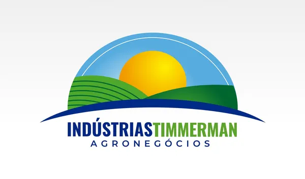 Banner horizontal com um sol amarelo vibrante sobre colinas verdes e campos cultivados, sob um céu azul. O nome 'Indústrias Timmerman Agronegócios' aparece em destaque, transmitindo profissionalismo e conexão com a terra.
