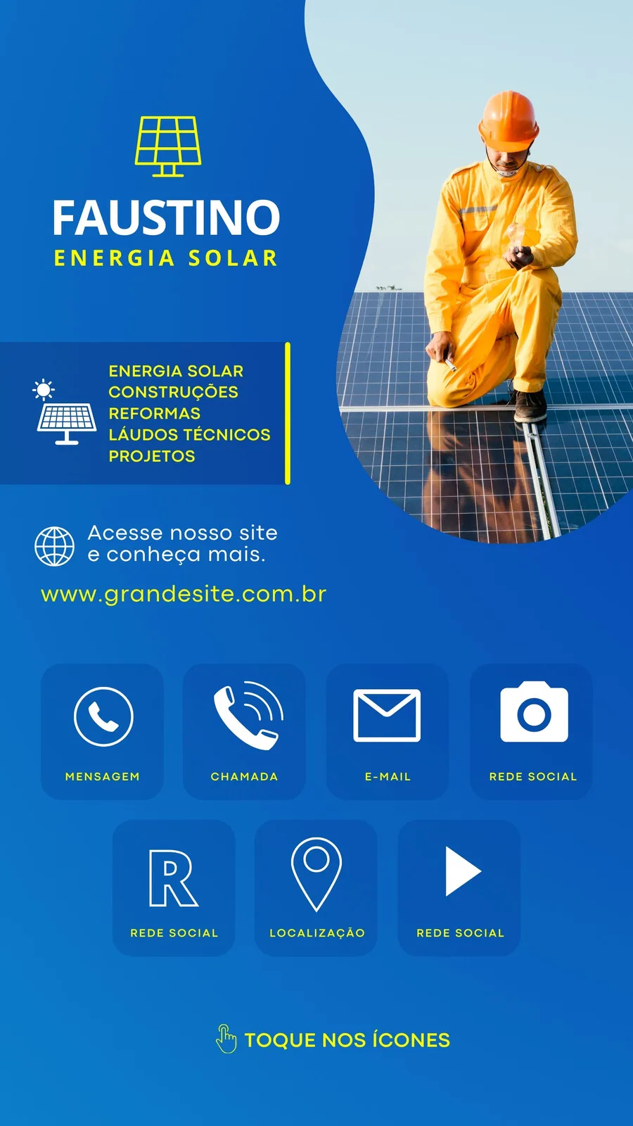 Template de story para Instagram com fundo azul degradê, apresentando um trabalhador em painéis solares. Inclui logo "Faustino Energia Solar", lista de serviços, site e ícones de contato.